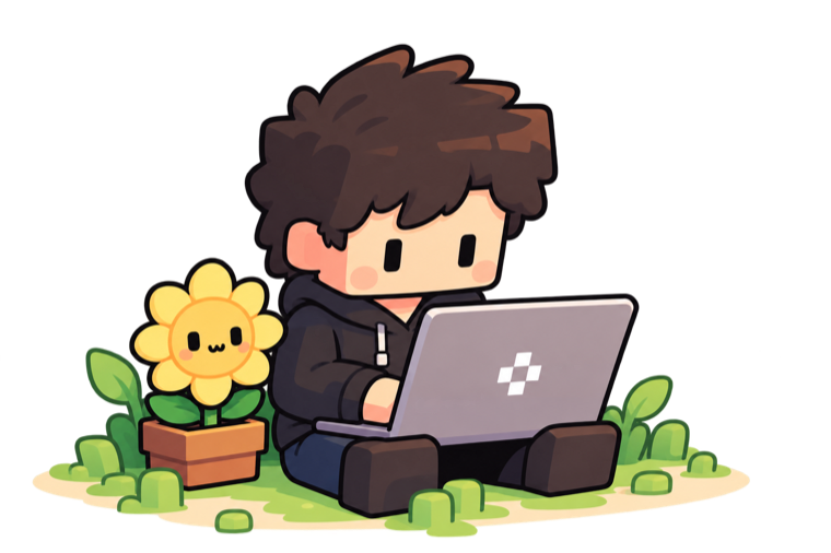 Illustration of Shinjan coding on a laptop beside a sunflower